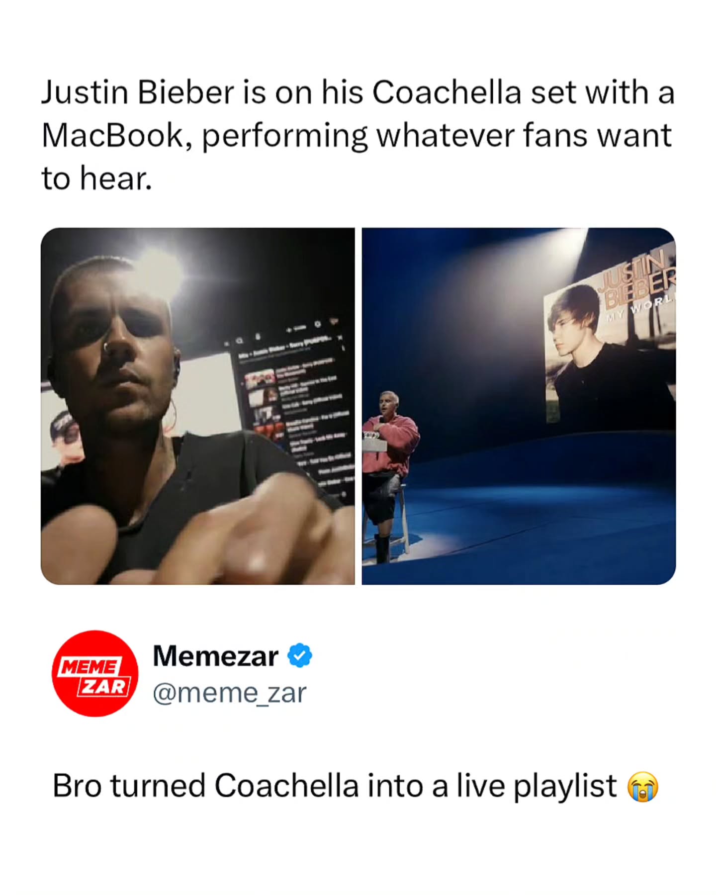 Swipe 😭➡️ #Bieberchella Meme Dump 😭 
_

Justin Bieber pulled up with a laptop at Coachella, started searching his own classic music videos and viral memes on YouTube, then turned it into a full karaoke session. Fans were shouting requests, and he was actually taking them.

Follow (us) @MEMEZAR for the best memes.

#relatable #funny #explorepage #reels