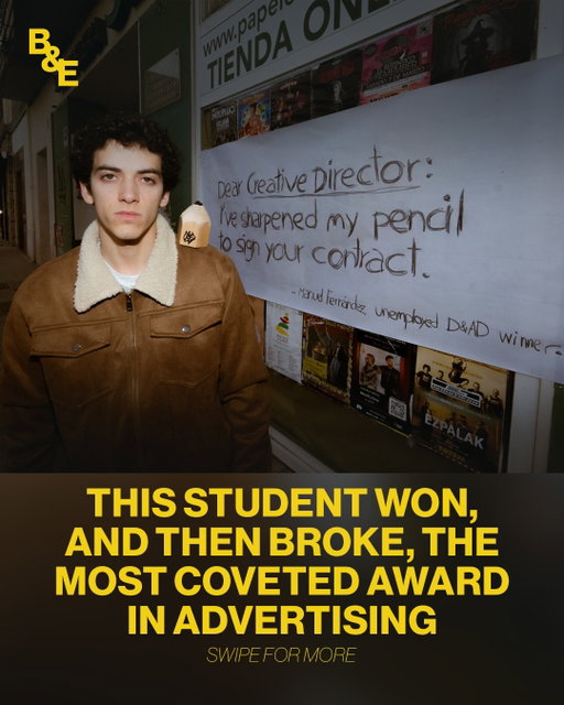 Manuel Fernandez won a D&AD pencil, but still couldn’t find a job. So, he broke the pencil (one of the most coveted awards in advertising), reconstructed it with lead, and made a self-promo campaign.

Manuel (@manu.fernandez.garcia) did the original award-winning work at Brother Ad School (@wearedoersbro, @brothermadrid) under mentor Rubén Caja Menéndez (@rubenbox04).

Really incredible initiative through this guerilla-esque self-promo campaign. A reminder to make the most of every situation you’re out in, and to not let your “losses” get the best of you. Love the resilience shown through this project. And also some clever copywriting to go with it;)

Hey! If you have student / spec work you want highlighted, please DM or email @rosswhyross at ross@breakenterpod.com.