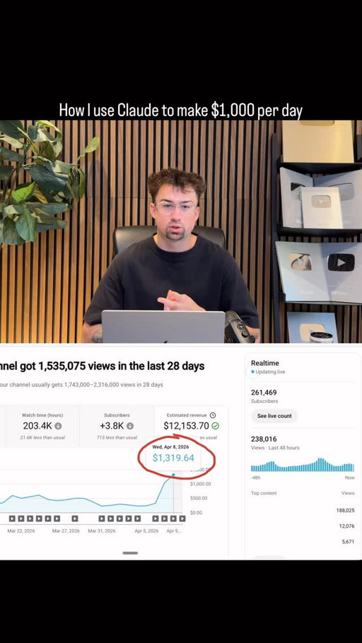 $1,000/day on YouTube without filming a single video.

If I lost it all tomorrow, here’s exactly how I’d rebuild it from $0.

Comment YT and I’ll send you the full breakdown.