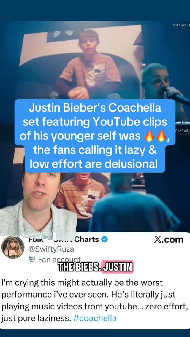 Justin Bieber headlined weekend #1 of Coachella, and 13 songs into his 90 minute set he pulled out a MacBook and began playing clips from his early career. He sung along to YouTube clips of music videos and past performances while he and his fans watched the young Biebs on the big screen, while the Old Biebs performed. I think this was AWESOME. If there’s one dude who it makes sense for a full circle performance of his younger self and older self, it’s Justin Bieber. I don’t think a creative, minimalistic stage concept like this means he didn’t put in any effort. There are very few acts who are popular enough with a big enough catalog where they don’t need all the bells and whistles, and Biebs is one of them. There’s also nobody who has quite the career arc, with ups and downs and childhood vs adulthood where this idea feels more like a full circle metaphor. Other acts this might come across as lazy, but not Bieber. There’s other critiques like he played too much new music and songs ppl didn’t know etc. That’s a different discussion. But criticizing this concept is crazy to me. I think it’s 🔥🔥🔥 and would be willing to bet the vast majority of hate is coming from diehard Stans of other pop acts who feel the need to compete and tear down other pop stars to prop up their personal favorite