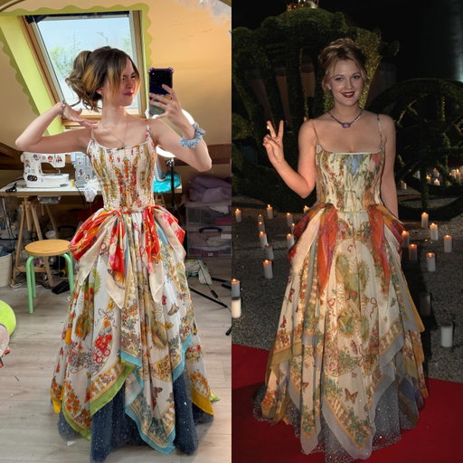 Hi so here is a little side by side of my recreation of Draw Barrymores dress from the Ever After premiere 🥹❤️

#sewing #everafter #diy #fashion #redcarpet @drewbarrymore