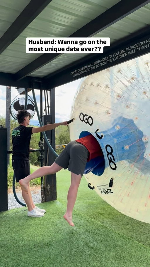 Best date ever or what?? 😏 

Zorbing is one of the wildest activities I’ve ever done, and definitely a bucket list experience! 

📝 Basically, you get inside a giant, inflatable, transparent plastic ball filled with water and air, then someone rolls you down a hill. 

🇳🇿 It was invented in New Zealand (no surprise that the Kiwis would come up with something this awesome)…

🇺🇸 BUT we did it in Pigeon Forge, Tennessee in the United States! 

Would you get in a giant hamster ball and trust someone to roll you down the hill? 😂 

#dateideas #funnycouple #travelcouple #bucketlist #themeparks