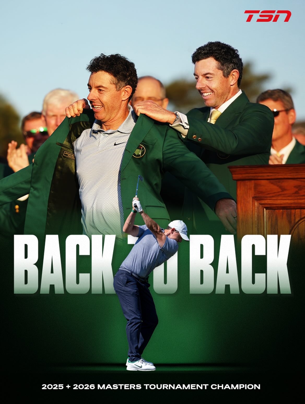 Rory McIlroy can put the green jacket on himself as he is the first back-to-back #TheMasters champion since Tiger Woods completed the feat in 2002!