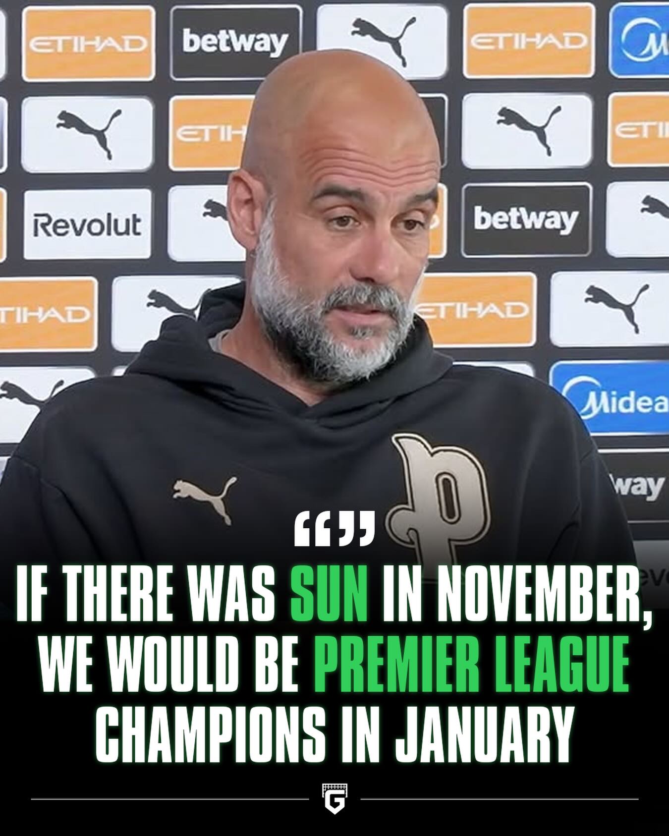 🚨🗣️ Pep Guardiola on why Manchester City’s level is always better at the end of the season: 

“It’s the SUN... No, I’m not joking. There is never sun In Manchester.”☀️

“If there was sun in November, we would be Premier League champions in January. It’s the SUN, honestly.”🤨