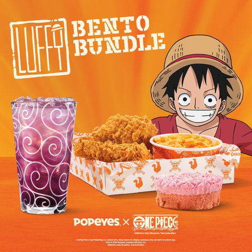 The Luffy Bento Bundle features two legendary pieces of chicken. A bounty of Mac & Cheese. Chopper’s Cupcake. And a Gum-Gum Fruit Lemonade. Will it turn your body into rubber? Who can say? We can. It won’t.