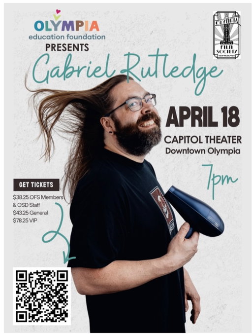 Hello #olympia. We’ve got more than 500 tickets sold for my show Saturday at The Capitol Theater, but we’ve still got room for you. The hilarious @lynettelaughs will be opening. This show is also a fundraiser for @olyedfoundation which does amazing work providing for the financial needs of students and families in the Olympia School District. GabrielRutledge.com for tickets, see you there #comedy