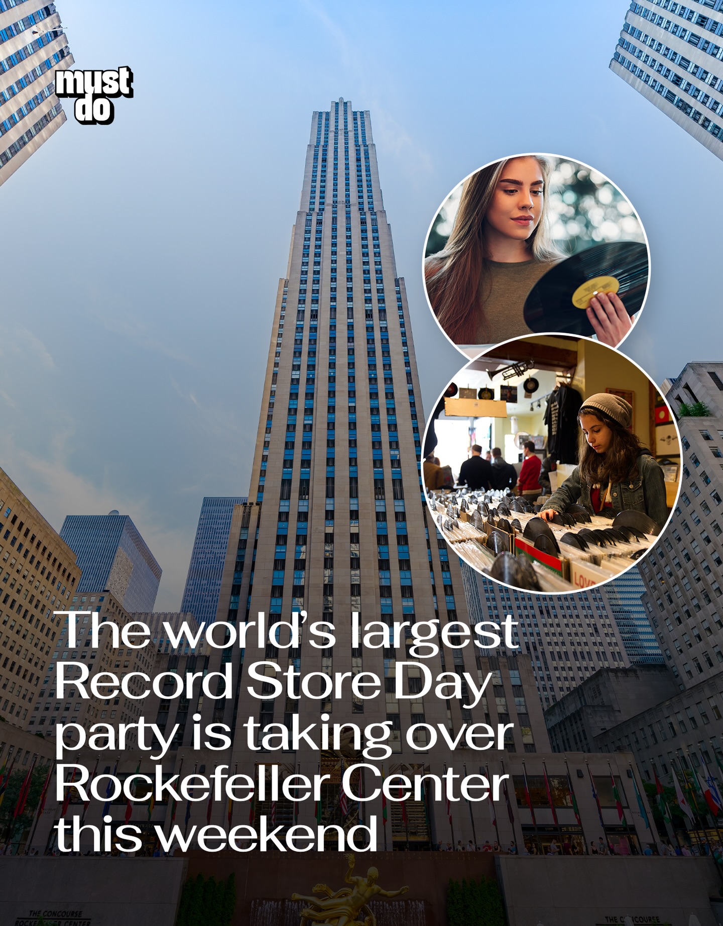 A full-on music takeover is coming thanks to @roughtradenyc & @rockefellercenter 

NYC is hosting what organizers call the world’s largest Record Store Day celebration, bringing tens of thousands of fans to 30 Rock on April 18.

This year’s Record Store Day will feature highly sought-after limited releases from Taylor Swift, Paramore, Charli XCX , alongside hundreds of exclusive titles available only through independent record stores. 

Record Store Day 2026 releases will go on sale from 9:00 AM at Rough Trade Below (Rink Level, Rockefeller Center), with Rough Trade Above opening at 10:00 AM as usual. Rough Trade NYC will serve as a central destination for these releases, with iNDIEPLAZA extending that experience into Rockefeller Center’s iconic plaza.

Expect long lines, big crowds, and a full plaza takeover with food vendors and activations throughout the day.

If you’re into music, this is one of the biggest events happening in NYC this month.

By the way, we have a weekly newsletter with what’s worth knowing about and doing in New York City. One newsletter. Once a week. Link in bio.

Media via Shutterstock

#mustdonyc #nycrecordstoreday #rockefellercenter