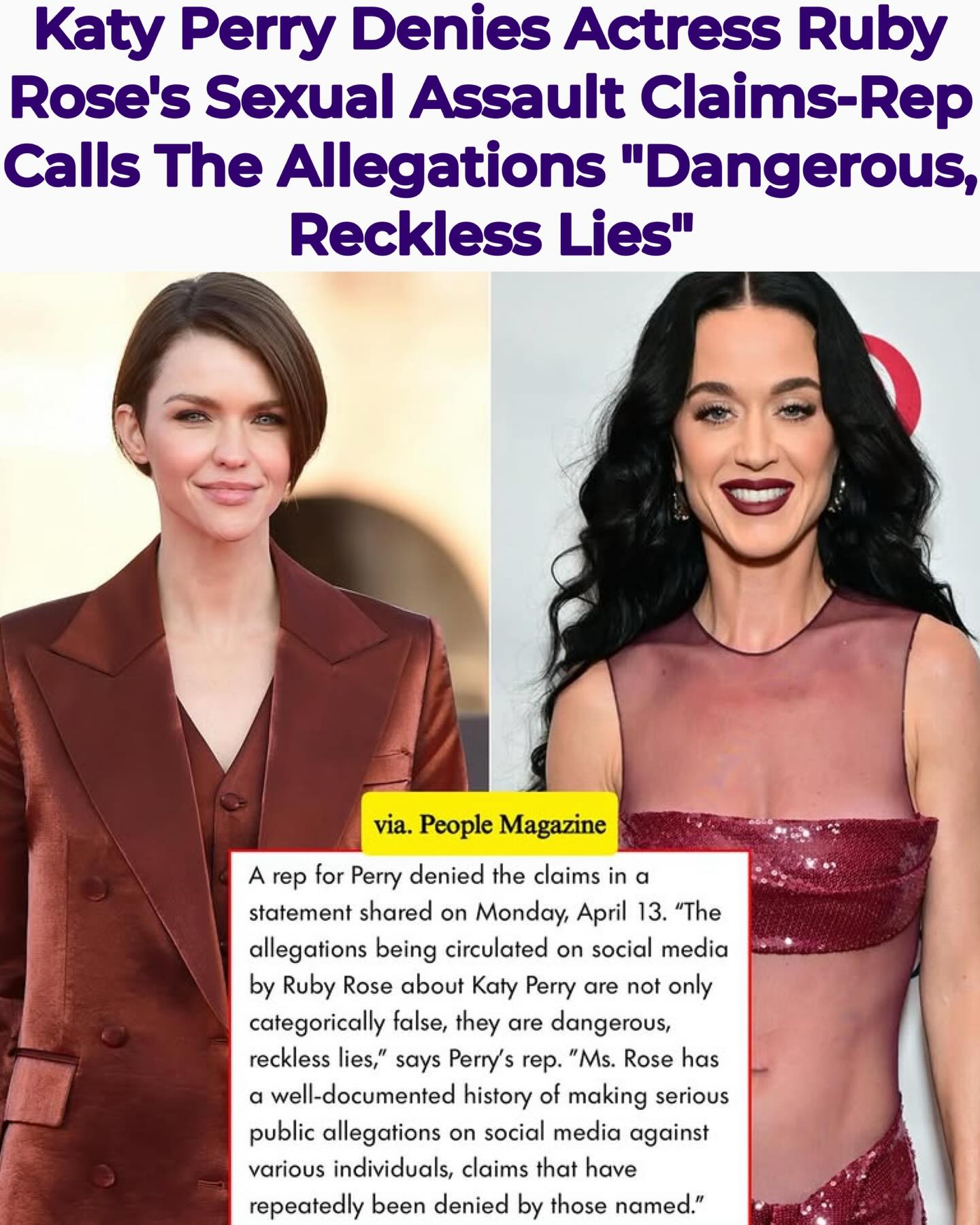 A rep for #KatyPerry is speaking out after actress #RubyRose took to Threads to allege that she was sexually assaulted by the singer nearly 20 years ago.
_______________________________
Ruby responded to a post made by Complex Music, involving Katy’s reaction to Justin Bieber’s Coachella performance. Ruby responded to the post and alleged she was sexually assaulted by Katy at Spice Market Nightclub in Melbourne. She then responded to others and shared further details about the alleged incident.
_______________________________
In a statement to @people, a rep for Katy denied the allegations and said, “The allegations being circulated on social media by Ruby Rose about Katy Perry are not only categorically false, they are dangerous, reckless lies. Ms. Rose has a well-documented history of making serious public allegations on social media against various individuals, claims that have repeatedly been denied by those named.” (SWIPE) -(📸: @gettyimages, @theshaderoom) ✍🏽: #TSRStaffJW