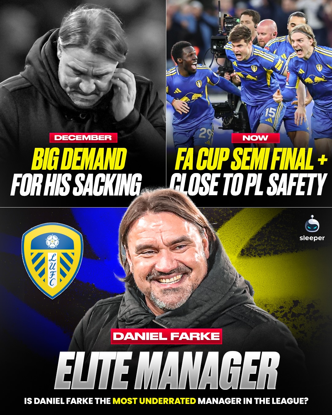 Put some RESPECT on Daniel Farke’s name… 🤩

From having most of the Leeds fan base and media calling for your sacking in December to an FA Cup semi final and (almost) Premier League survival in April. 👏

That’s some turnaround. Is he the most underrated manager in the league? 

#lufc
