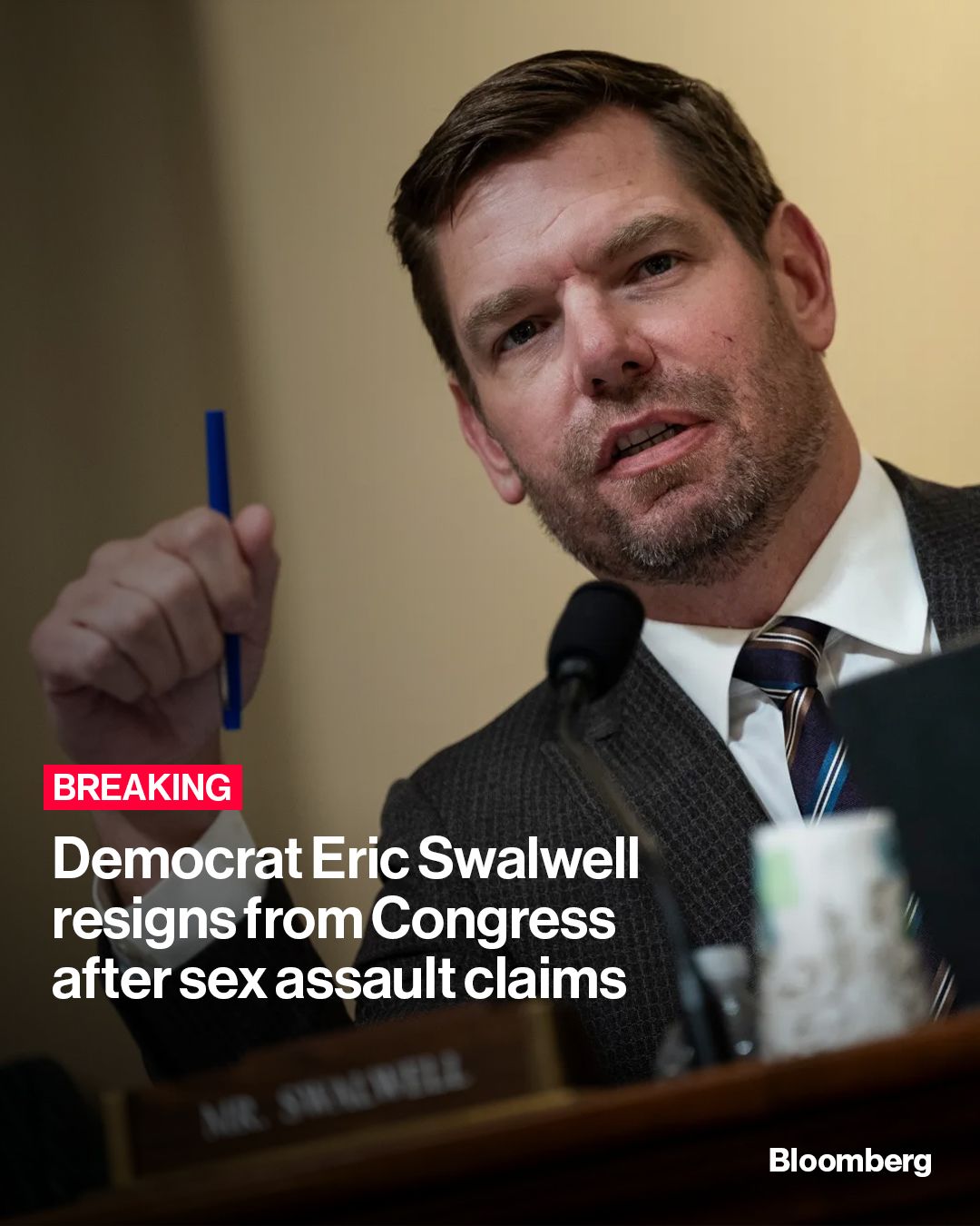 Democrat Eric Swalwell resigned from his congressional seat, days after a series of sexual assault allegations prompted him to abandon a once-promising campaign for governor of California. Tap the link in our bio to read more.

📷: Graeme Sloan/Bloomberg