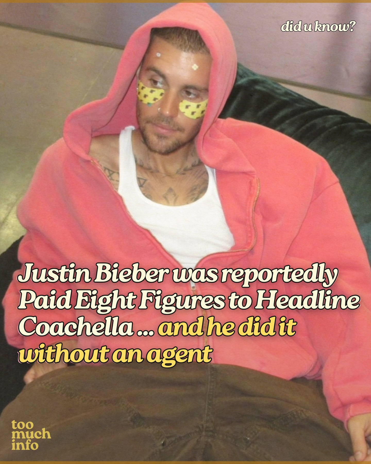 coachella 2026: did u know? ↓ 🎤

Justin Bieber’s headlining set at Coachella marks his return after three years without hitting the stage, and it’s reported that he took home the big bucks. According to Rolling Stone, Bieber was in full control of his deal and secured his headlining spot all without the help of an agent.

Rolling Stone reports that an insider shared that Bieber is getting paid $10 million, $5 million for each weekend of the festival, to take the stage. Since he reportedly booked the gig without an agent, he’ll receive most, or all, of the money due to not having to pay an agency commission.

(📷: Instagram/rhode)