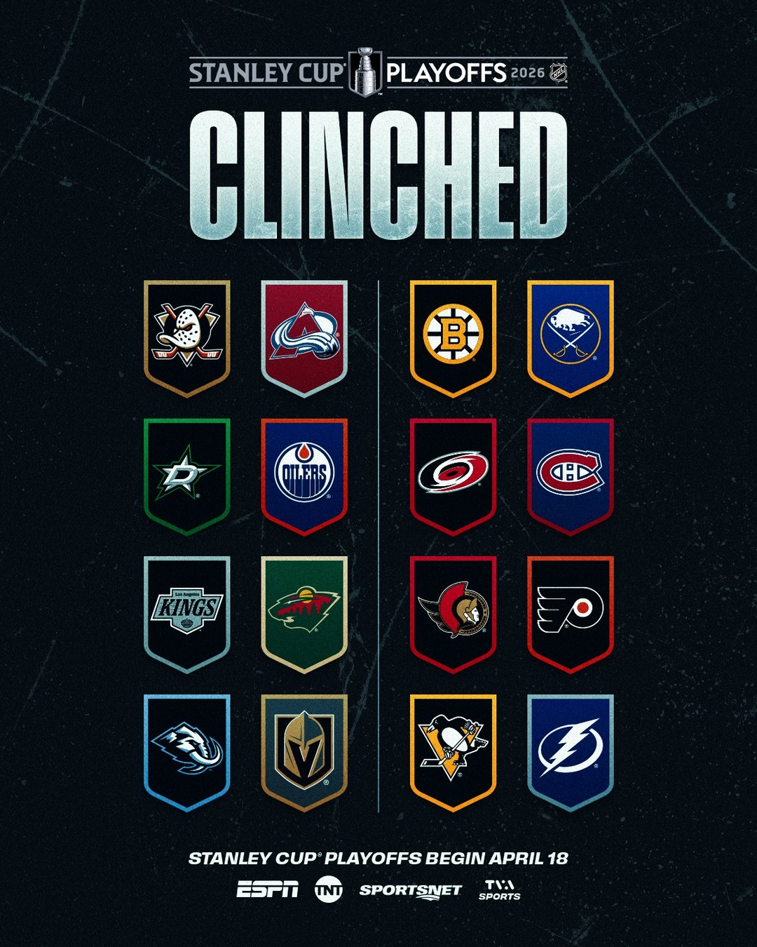It’s official. One of these 16 teams will be the 2026 #StanleyCup champions.

This postseason will see 6️⃣ teams who did not qualify last year, 7️⃣ with new head coaches & 4️⃣ who finished in the final four positions in their conference 365 days ago. 
 
The #StanleyCup Playoffs begin April 18 (@espn, @nhlontnt, @sportsnet, @tvasports). #NHLStats