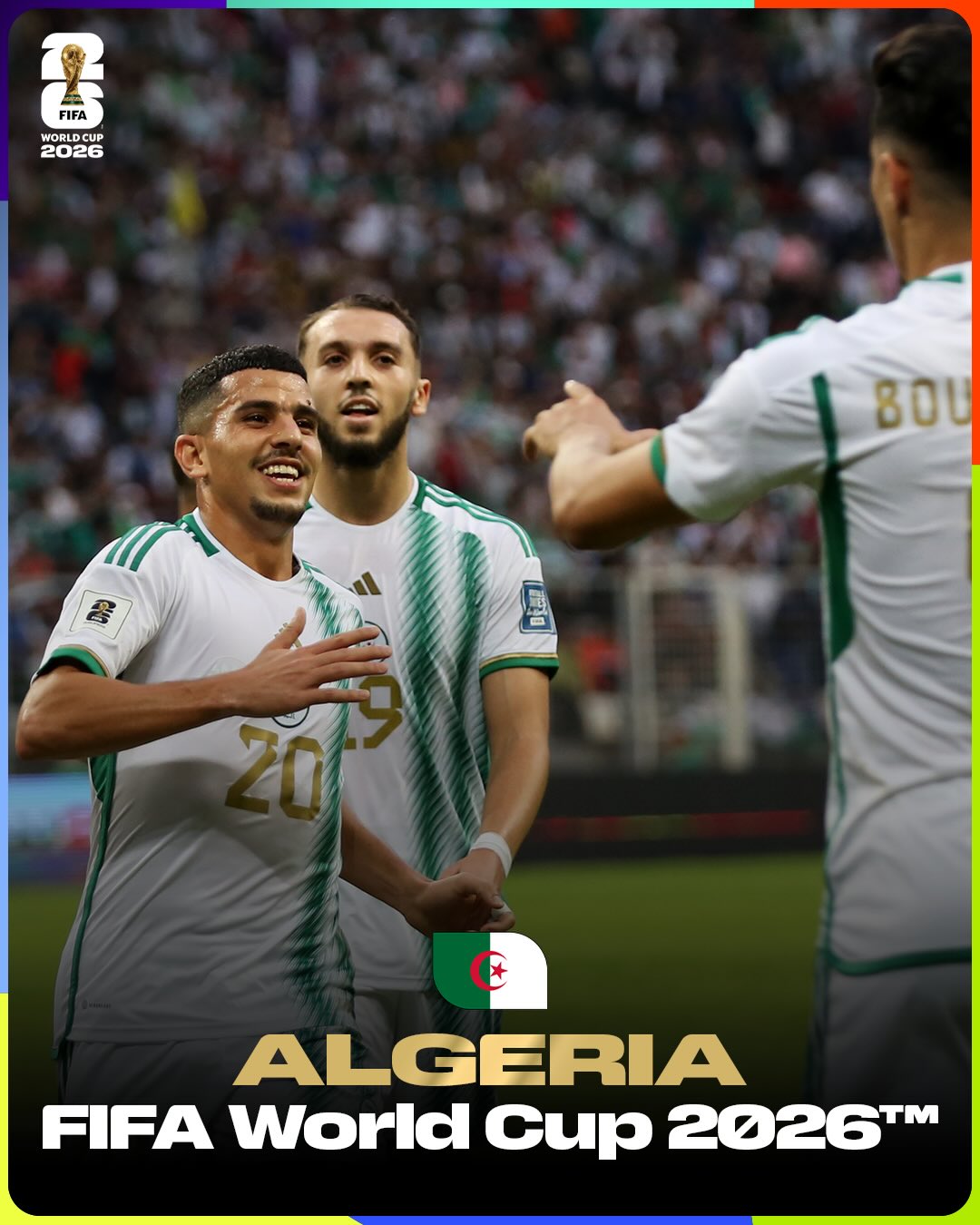 L’Algérie 🇩🇿 fait son grand retour à la Coupe du Monde de la FIFA 2026 🇨🇦🇲🇽🇺🇸.
 
@lesverts.faf ont assuré leur qualification après une campagne admirable qui les a vus finir premiers de leur groupe et leur a permis de retrouver la scène mondiale pour la première fois depuis l’édition 2014 de la @fifaworldcup au Brésil 🇧🇷. Je suis impatient de vous voir écrire une nouvelle page de l’histoire de votre football cet été. 🌍⚽
 
Bonne chance @lesverts.faf ! 👏

🇩🇿 Algeria are back at the FIFA World Cup 2026 🇨🇦🇲🇽🇺🇸.

@lesverts.faf secured qualification with a strong campaign, finishing top of their group to return to the global stage for the first time since the 🇧🇷 @fifaworldcup 2014. I look forward to seeing you create new memories this summer. 🌍⚽

Best of luck @lesverts.faf! 👏

⚽ 16 June: Argentina v Algeria 
⚽ 22 June: Jordan v Algeria 
⚽ 27 June: Algeria v Austria 

#FootballUnitesTheWorld