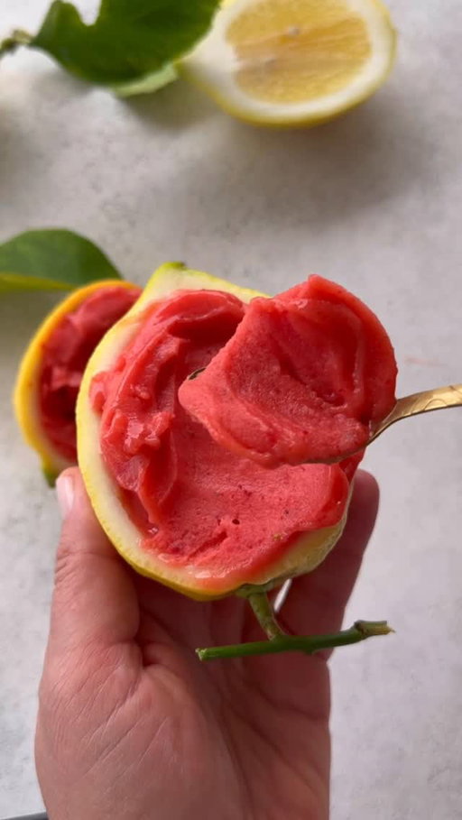Delicious strawberry lemon 🍋 sorbet served in lemon boats. Super easy to make with no added preservatives and just 3 ingredients. Who is grabbing one ?

To make the same:
1. Blend 4 lemons without the skin 
2. Transfer blended lemons into strainer to strain the juice 
3. Pour strained juice into ice moulds and freeze overnight 
3. Add 250g frozen strawberries cut into halves into blender 
4. Add frozen lemon juice ice cubes 
5. Add 3 tablespoons of maple syrup 
6. Blend at high speed to achieve smooth consistency 
7. Store in a freezer 

Enjoy 🍋
.
.
.
#lemon #strawberry #strawberries #sorbet lemonsorbet