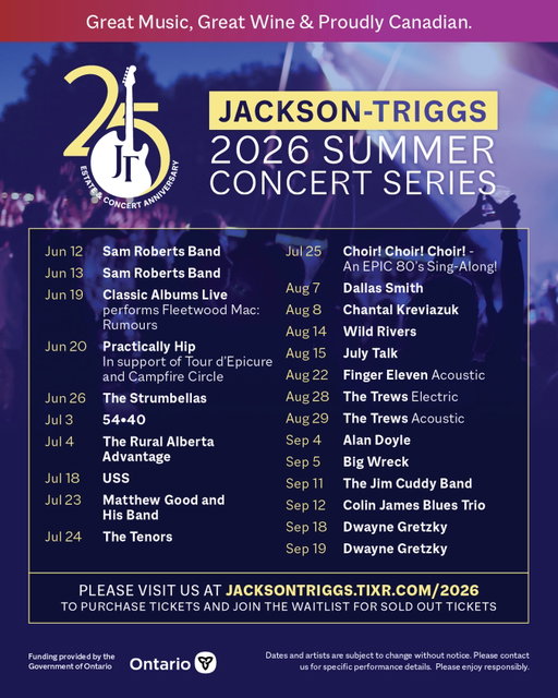 THE OFFICIAL 2026 SUMMER CONCERT SERIES LINEUP IS HERE 🎸🎶

This year’s series brings together a standout mix of returning favourites, new artists and Canadian acts to celebrate our 25th anniversary the best way we know how.

Great wine, legendary sets, unforgettable moments - who are you most excited to see? 🍷

TICKET DETAILS 🎟️

April 14: General Public Tickets Available @10AM

📍 Jackson-Triggs Amphitheatre
Niagara-on-the-Lake

•⁠

#jacksontriggs #ontariowine #sippingontario #lcbo #winerackcanada vqawine niagarawine okanaganwine winepairings niagara niagarafalls