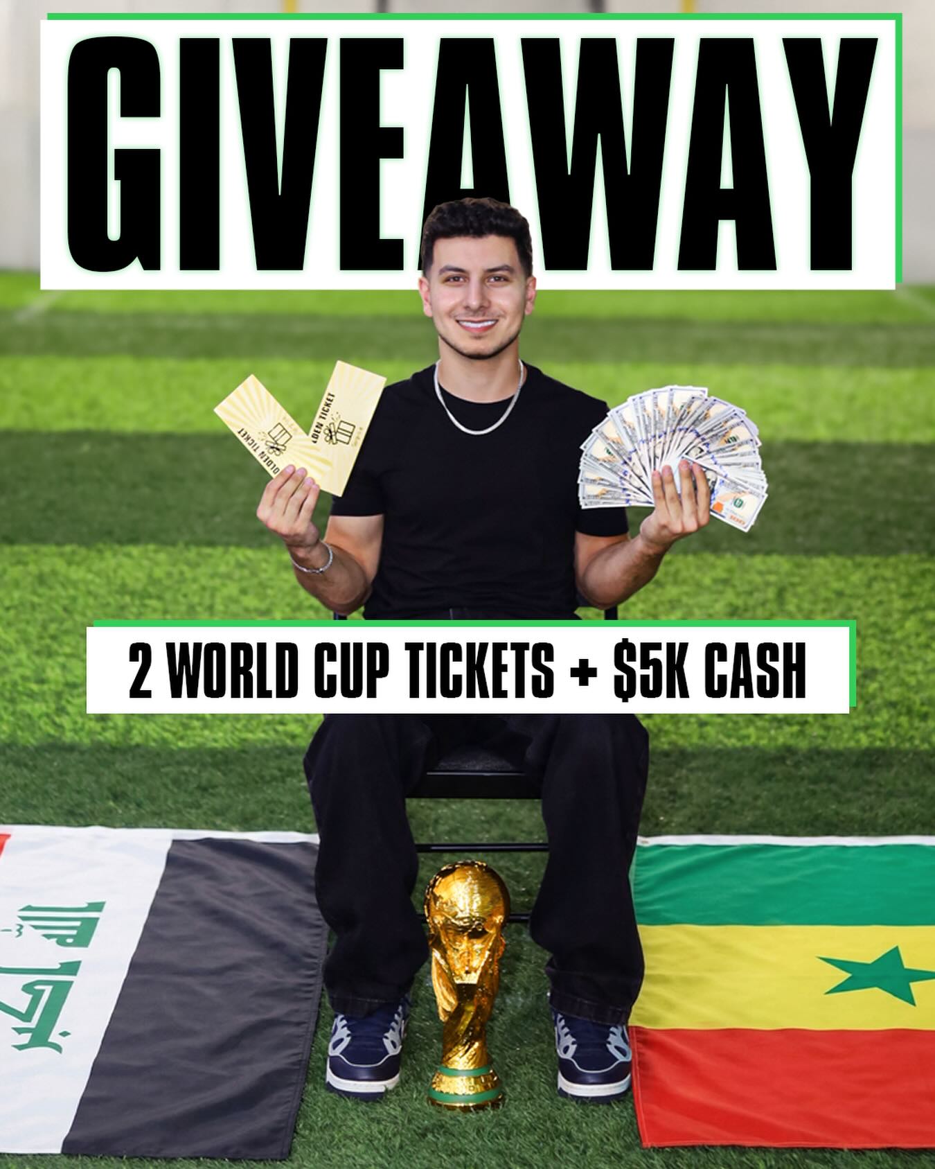 🚨 GIVEAWAY 🚨

We’ve teamed up with @NKneenib to give away TWO World Cup tickets (Iraq 🇮🇶 vs Senegal 🇸🇳) + $5,000 cash ⚽️💰

All you have to do:
1. Follow @NKneenib & @GOAL 
2. Like this post
3. Tag who you’re taking with you in the comments
4. Share this post to your story

Good luck! 🍀

Winner will be announced LIVE in 5 days ⏳