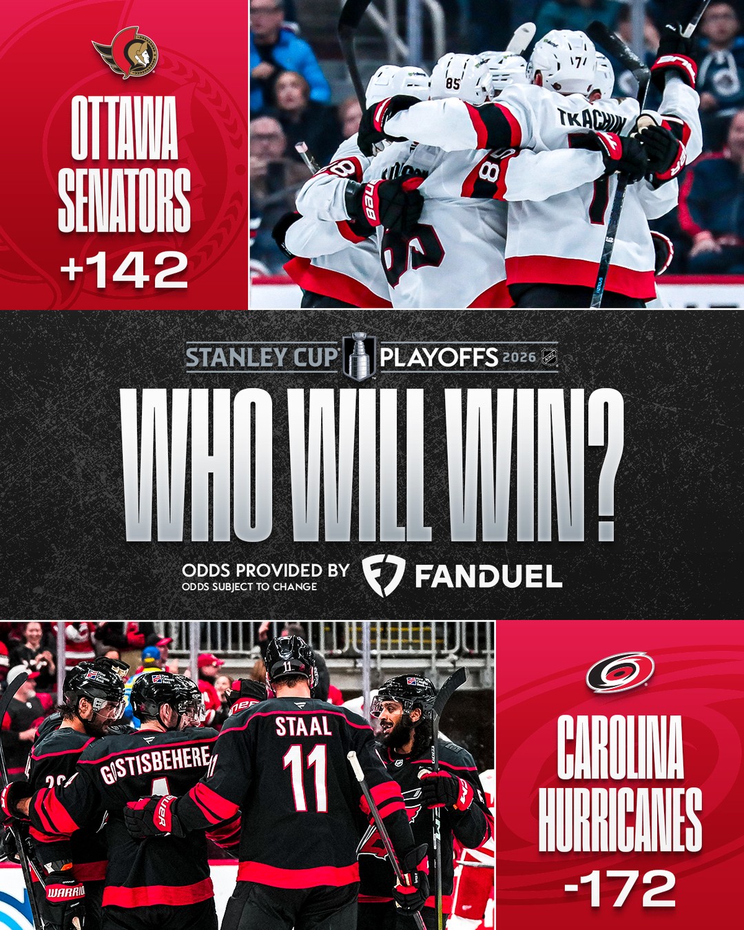 A matchup we've never seen before! 😮

The @senators and @canes will face off in the #StanleyCup Playoffs for the first time ever!

Presented by @fdsportsbook
