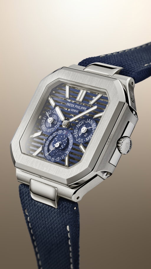 The new Cubitus Ref. 5840 in platinum is a work of consistency, evident in every detail: the components are skeletonized to evoke the iconic pattern of Cubitus dials and give the watch its sophisticated contemporary look.

The bold dial design is inspired by the collection’s signature linear pattern. Its finely laser-cut embossed strips elegantly overlap the cut-out of the mainplate and bridges, revealing them with a subtle depth effect. The strips are blue PVD-treated and feature a horizontal sunburst finish. The white gold applied hour-markers and baton hands are coated with white luminescent material.

The nuances of the finishes ensure optimal legibility. For the first time in a model in the current collection, the moon phases are indicated by a large-moon mechanism. The Moon is depicted with striking realism on a large disk, featuring meticulous details representing the nuances of the relief of Earth's natural satellite.

#PatekTime #PatekPhilippe