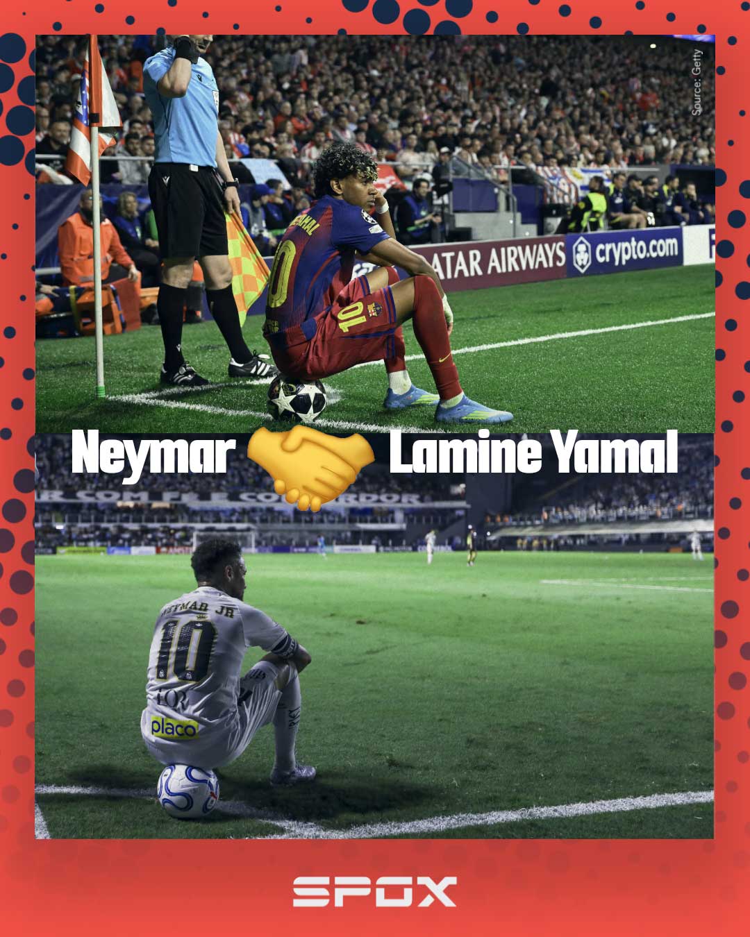 Lamine Yamal bezeichnete Neymar vor dem Rückspiel gegen Atletico als Idol. Nach der Partie wurde der Spanier kritisiert, weil er sich an der Eckfahne auf den Ball setzte. Kurz darauf zeigte Neymar im Spiel von Santos gegen Recoleta seine Unterstützung, indem er die Aktion kopierte. 🤝