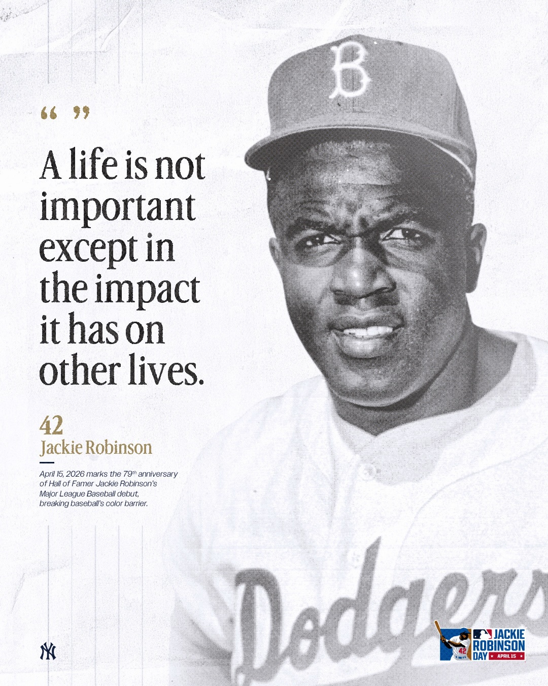 79 years ago, on April 15, 1947, Jackie Robinson broke baseball’s color barrier with his Major League debut.

Today, we celebrate his life and legacy as a trailblazer who paved the way for generations to come. We proudly wear 42 to honor Jackie and the enduring impact he left on our world. #Jackie42