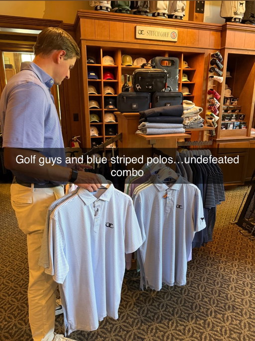 GOLF GUYS 🤝 BLUE STRIPED POLOS | Some things don’t change. You walk into a pro shop, spot a new stripe, and suddenly it’s coming home with you. There’s always room for one more, so if you are adding one, make it STITCH…we make the best.