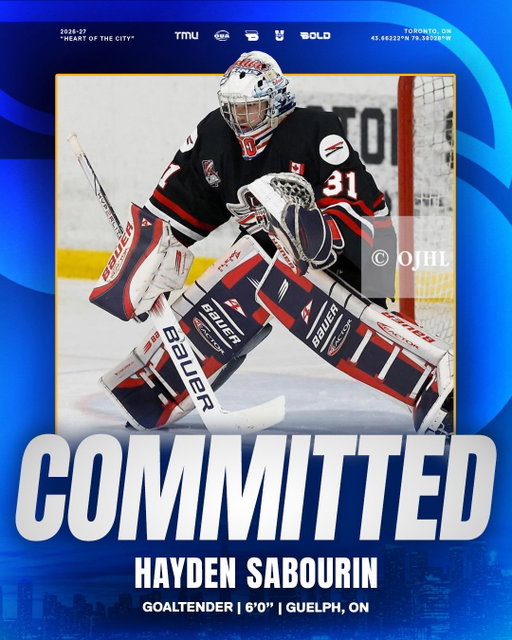 We are excited to announce the commitment of Hayden Sabourin.
 
The Guelph, ON native is a competitive and reliable goaltender coming off a standout season in the OJHL. He tied for the league lead in Wins(27) and recorded 5 shutouts. Known for his strong positioning, puck handling, and ability to come up with timely saves. Hayden played a major role in his team’s success all year long.

Welcome to Toronto, Hayden 🤝

📸: OJHL Images

#BeBold | @tmubold