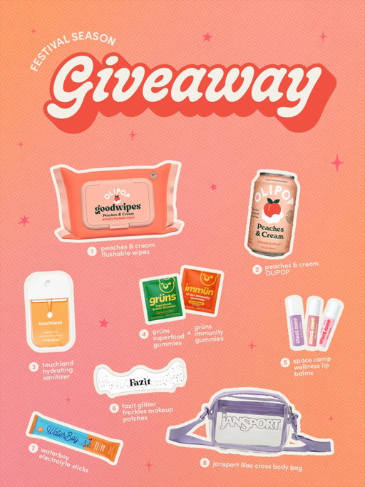 *CLOSED* everyone wants to survive festival season like a pro so we’ve teamed up with our faves to give 3 lucky winners the ULTIMATE FESTIVAL BUNDLE!!!!

the goods:
✨6 month supply of flushable wipes from @goodwipes
✨2 cases peaches and cream @drinkolipop
✨clear crossbody bag from @jansport
✨glitter face freckles from @fazitbeauty 
✨3 months supply of Grüns and Immün gummies @grunsdaily
✨3 lip balms from @spacecampwellness
✨24 electrolyte sticks from @waterboycan
✨hand sanitizer from @touchland

how to enter:
1️⃣ like this post
2️⃣ follow all the brands listed above!
3️⃣ comment your favorite song & tag your friends (more tags = more entries!)
🍑 BONUS: share to your stories

giveaway ends at 11:59PM EST on 4.20.26.  must be 18 years or older to enter. no purchase necessary. open to continental u.s. residents only. 3 winners will be randomly chosen from all entries and only notified via DM by @goodwipes. we do not have secondary accounts. this promotion is in no way sponsored, endorsed, administered by, or associated with instagram, facebook, or meta. giveaway not administrated or sponsored by OLIPOP