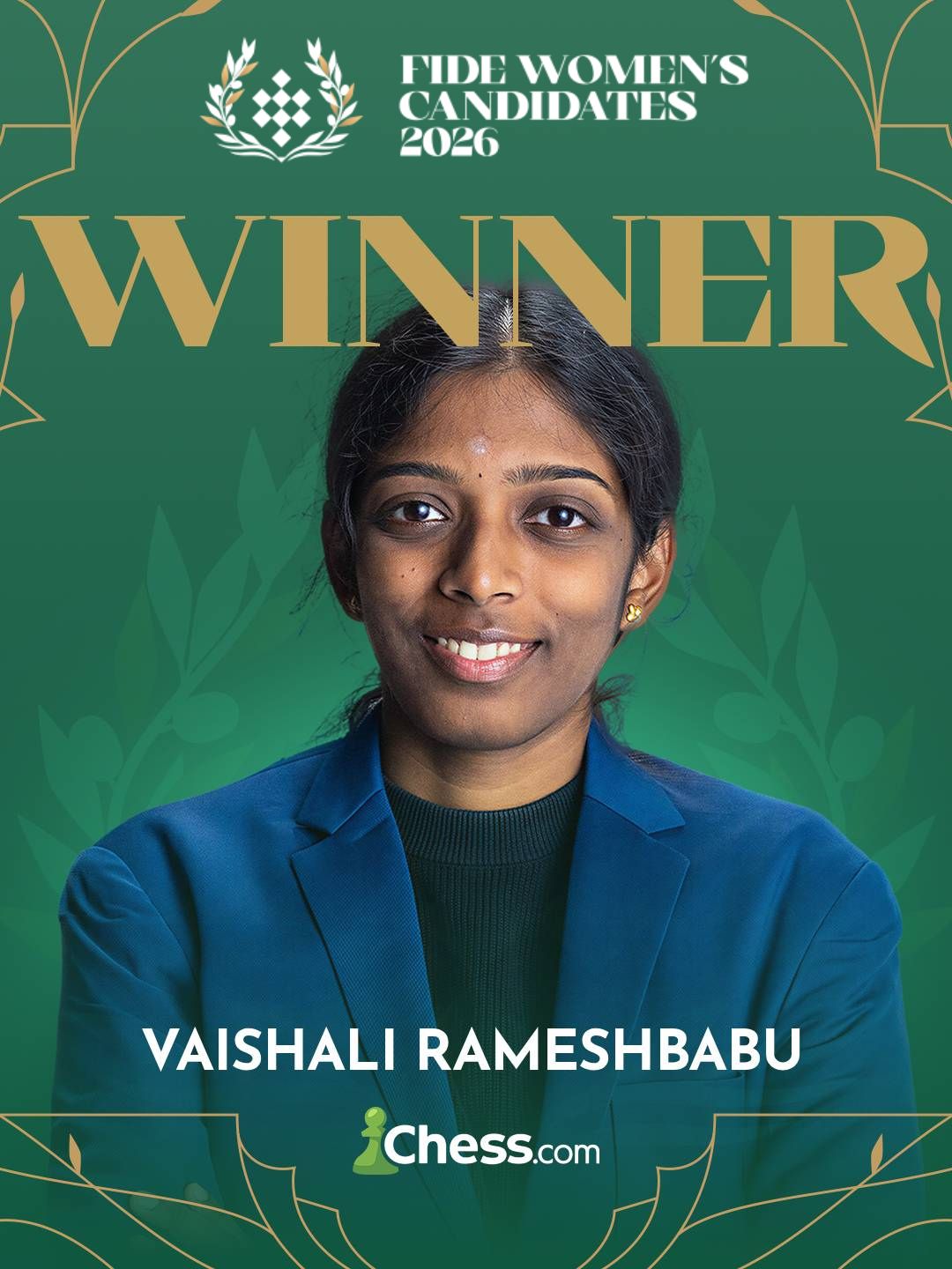 BREAKING: 🇮🇳GM Vaishali Rameshbabu wins the 2026 FIDE Women’s Candidates (8.5/14) and sets up a World Championship clash with Ju Wenjun! 🏆

Congratulations to @chessvaishali 👏

Losses in R5 & R12, but rose when it mattered.

🇮🇳 India dreaming of twin World Champions, with Gukesh Dommaraju in the Open!