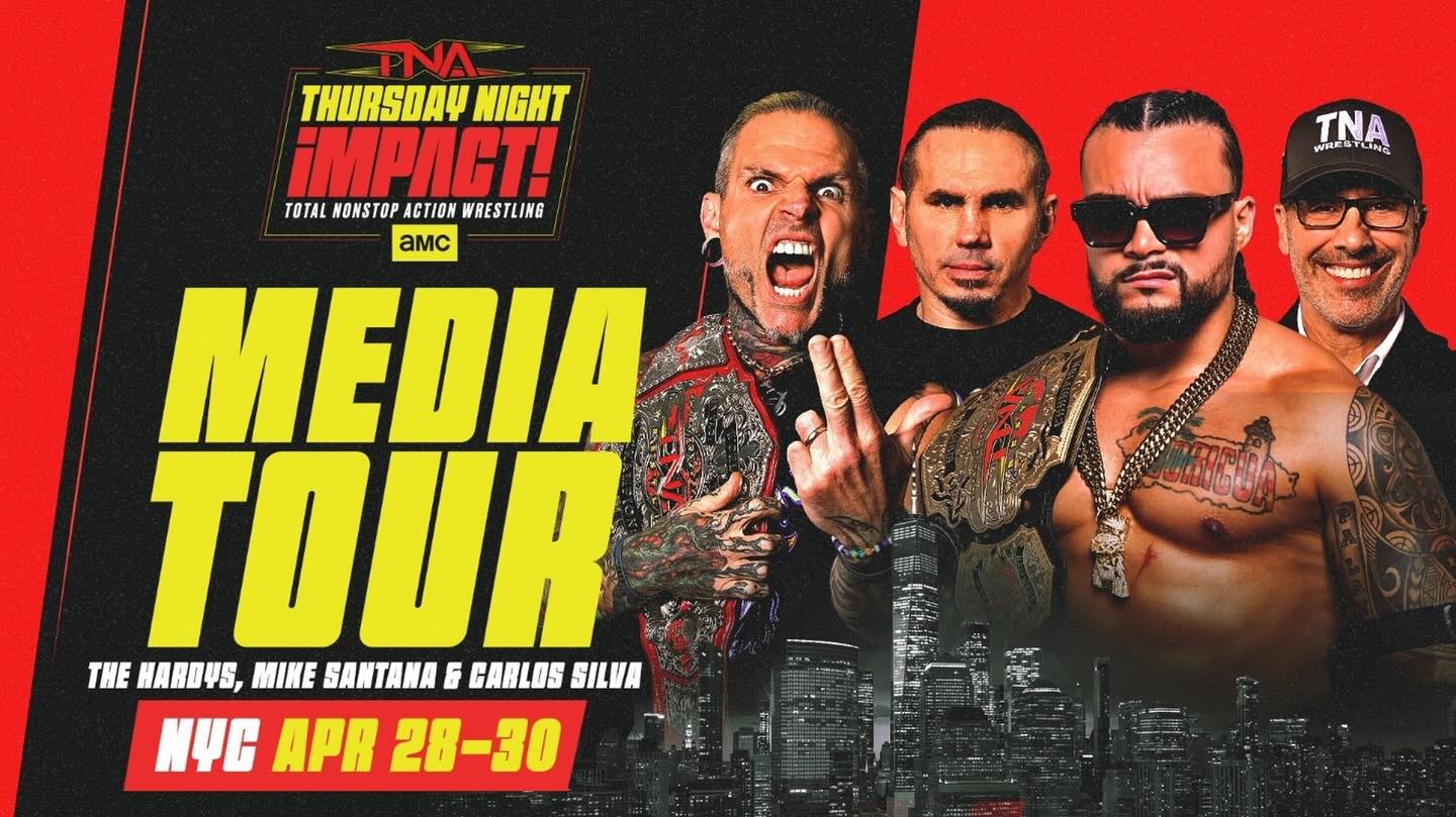 The Hardys join TNA World Champion Mike Santana and TNA Wrestling President Carlos Silva for multiple days in New York City from April 28 to 30 for a media tour ahead of the road to #TNASlammiversary! Head to TNAWrestling.com for all the details!