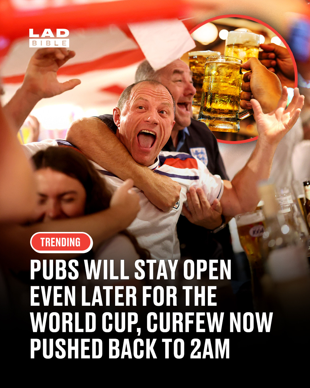 Pubs are getting a late licence upgrade for the World Cup 🍻⁠
⁠
Football fans backing England or Scotland this summer can keep the pints flowing a bit longer, after the government confirmed pubs in England and Wales can extend their opening hours during key World Cup knockout matches.⁠
⁠
The update means venues can stay open until 1am for games kicking off between 5pm and 9pm, and as late as 2am for matches starting between 9pm and 10pm. It’s a small tweak to earlier plans, now covering certain early evening knockout fixtures if either side tops their group.⁠
⁠
Industry figures have welcomed the move, saying it’ll boost trade and bring fans together, while the Home Secretary added it gives pubs an “open goal” to serve supporters long after the final whistle. With the tournament taking place across the US, Canada and Mexico, time zones were always going to make things interesting.
