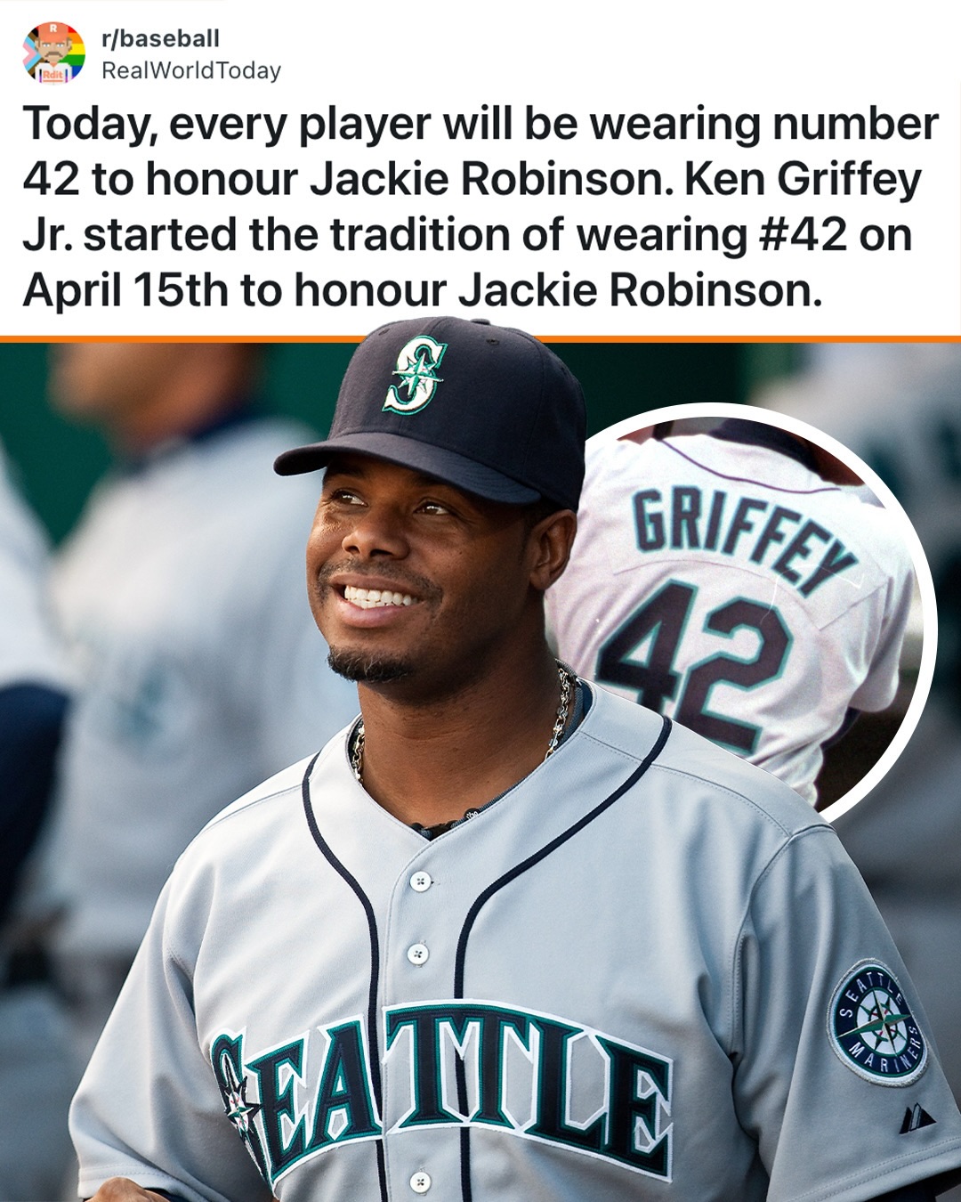 Never would have guessed that Ken Griffey Jr. is the originator of the idea that has MLB players all wearing the No. 42 on Jackie Robinson Day 🔥

(h/t MLB + r/baseball, u/RealWorldToday)