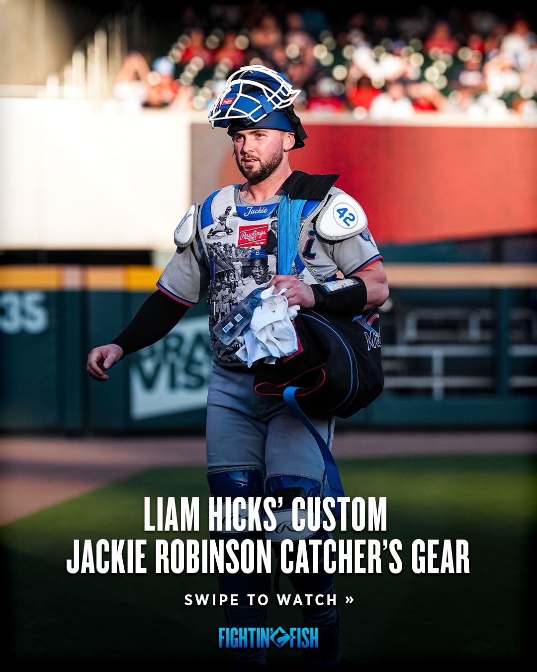 A closer look at @liamhicks28’ custom @rawlingssg Jackie Robinson–inspired catcher’s gear 🔥