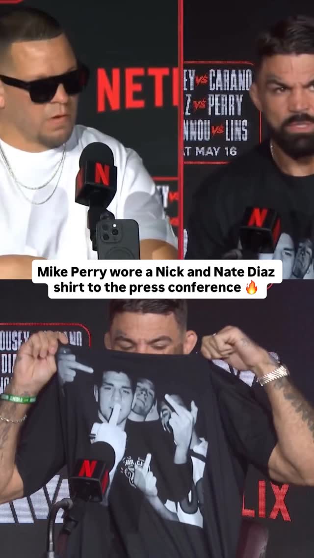Mike Perry wore a Nick & Nate Diaz shirt to the #RouseyCarano presser — showing love to the legend Nate Diaz ahead of their upcoming fight. 

Nate Diaz: “That’s a nice shirt.” 😂

RONDA ROUSEY vs. GINA CARANO
Saturday May 16
LIVE only on Netflix

#mma #natediaz #ufc