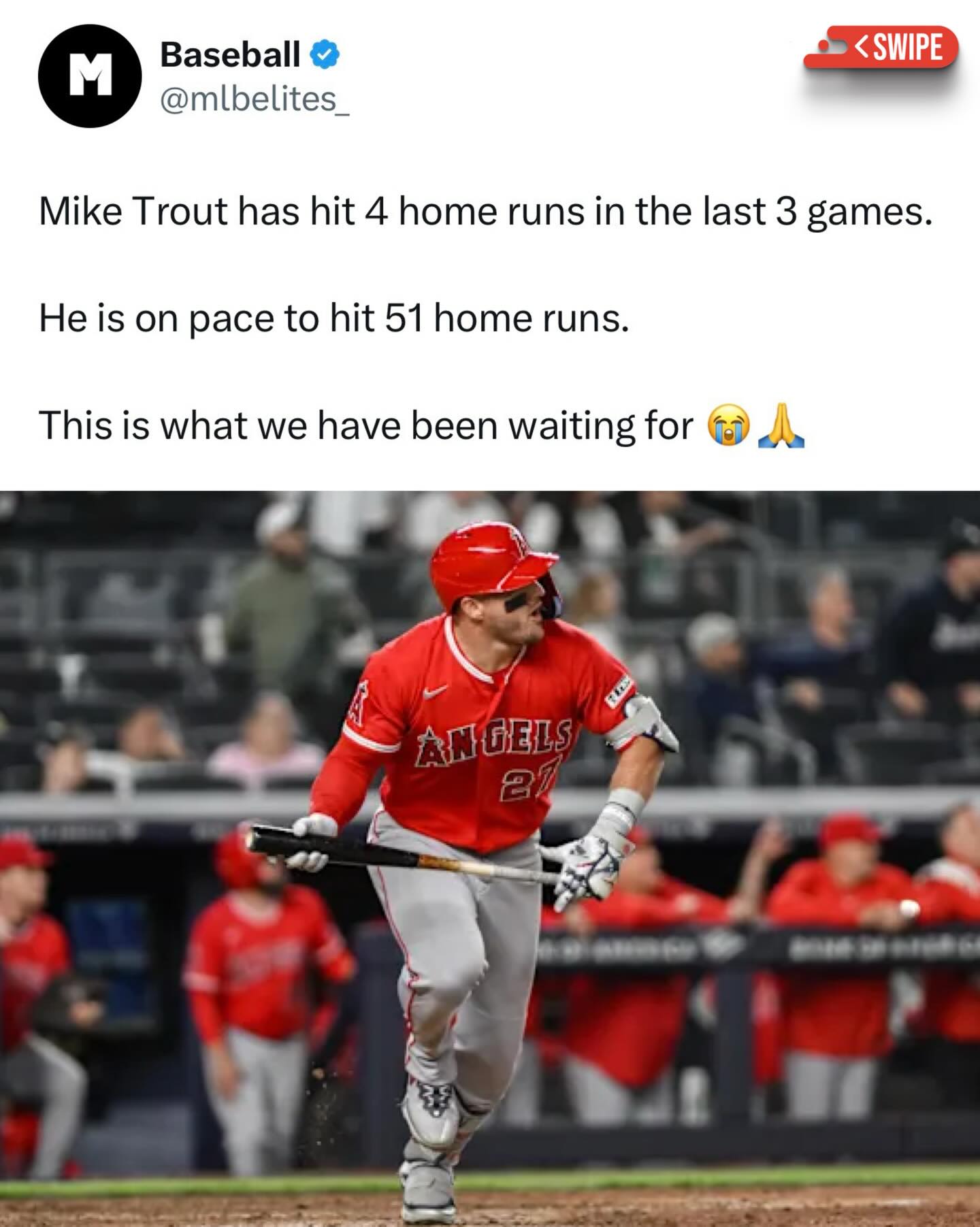 Mike Trout hitting home runs in the year 2026 is what we all have been waiting for 😭🙏

We all deserve to see Mike Trout hitting home runs again 💯