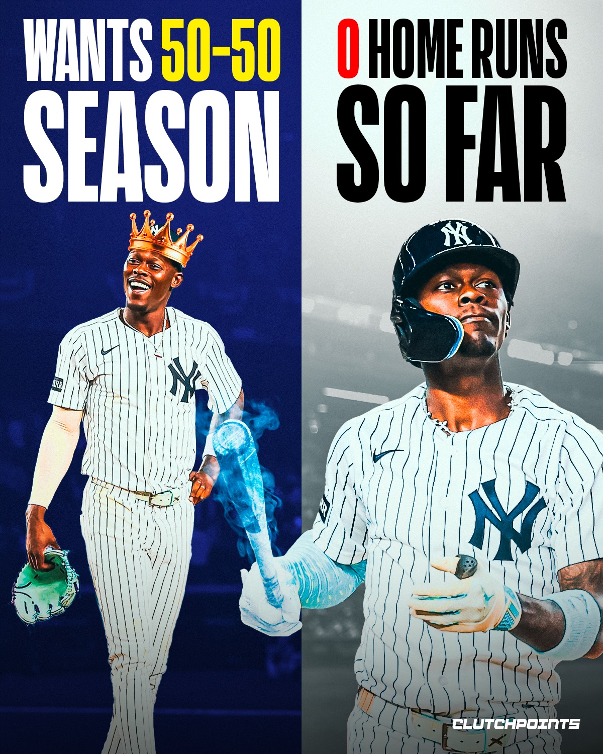 Jazz Chisholm Jr. set the bar high ahead of the 2026 MLB season.

The athletic infielder, who had a career-best 40 stolen bases in 2024, wants to improve on that feat, even trying to include more power in his game and be the second player in MLB history to record a 50-50 season.

“I just can’t help but get that gut feeling, it’s going to be an amazing year,” said Chisholm Jr. back in February.

“Especially with [Aaron] Judge pushing me ever since I’ve gotten here, I feel like I’ve matured a lot in the game, just from watching him and his at-bats every day, watching the way he goes about it.”

Of course, it was two-way superstar Shohei Ohtani who was the first member of the 50-50 club, doing so in 2024.

While Chisholm Jr. already has 7 stolen bases in 2026, he has yet to find the power stroke in his bat, registering 0 home runs so far this year. His career high for home runs in a season is 31 in 2025.

And, to be fair to Chisholm Jr., whose defense has also been criticized lately, he was the sparkplug for the Yankees against the Angels on Wednesday night. His stolen base at the bottom of the 9th inning started New York’s 2-run rally to record the come-from-behind victory 💨

(H/T Bryan Hoch)