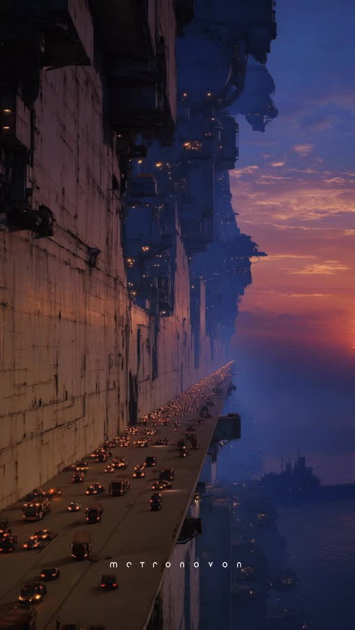 A wall that redefines the horizon,
folding the city vertically, dispersing gravity and heat.
Its surface shifts, as if matter had chosen its form.
In an age of algorithms, I keep my hands on the wheel—
to know I am not merely being carried.

—
What kind of future do you imagine?
—
Part of an ongoing sci-fi narrative
about futures yet to be spoken.