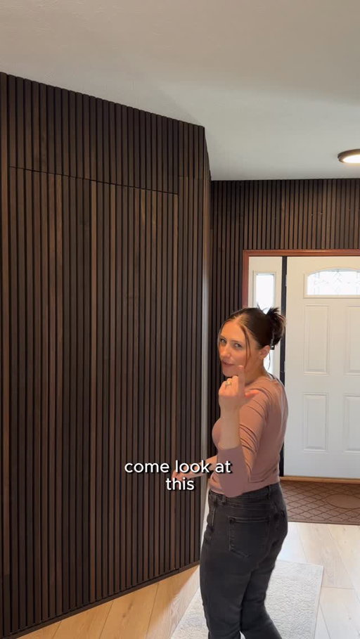 If you’re looking to upgrade a wall or area in your home. @woodupp_com is THE way to do it!! We LOVE our foyer now.  We went with the rustic oak veneer smoked color and couldn’t be happier. *****Little disclaimer: In the video I may have called these Real Solid Wood Akupanels… oops! They are actually made of veneer - but honestly just as beautiful! 😍🙌🏽 #woodupp #home #homereno