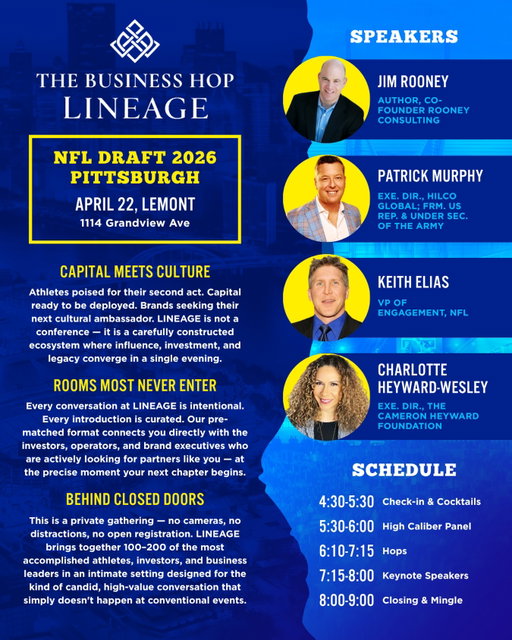 We are THRILLED to announce our keynote speakers at next week's debut of The Business Hop: LINEAGE!

Jim Rooney (@jimrooney3374) - Author, Co-Founder of Rooney Consulting

Patrick Murphy (@patrickmurphypa) - Executive Director, Hilco Global

Keith Elias (@keithelias20) - VP of Engagement, @NFL 

Charlotte Heyward-Wesley (@ladysportzcrazy) - Executive Director, @theheywardhouse 

Next Wednesday, LINEAGE brings together a carefully curated group of elite athletes, operators, investors, family offices, and brands for a high-caliber evening focused on mentorship, opportunity, and legacy, alongside the excitement of the @nfldraft!

From Columbus, Cincinnati, Cleveland, to Louisville and beyond, the Business Hop has brought together thousands of leaders, entrepreneurs, mentors, and emerging operators for one simple purpose: to create spaces where wisdom is shared, relationships are built, and people help push one another forward 📈

If you believe in mentorship, collaboration, and building something meaningful beyond the game, we invite you to join us! 🤝

#FillYourCup #Mentorship #NFLDraft #Pittsburgh #BusinessHop