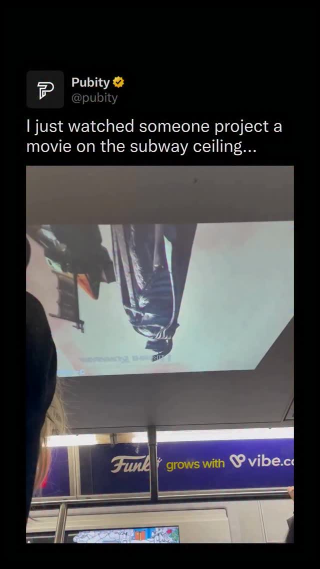 🎬

New York City’s subway system handles over 3.5 million rides every day, so riders have seen just about everything underground. But a portable mini projector beaming content onto the ceiling might be a new one. Modern pico projectors can fit in your pocket and project up to 100 inches of screen, making any flat surface a potential movie theater. Some NYC trains have vaulted ceilings dating back to the early 1900s, which apparently double as premium viewing screens. Only in New York would this feel almost normal.

(@emmaors @subwaycreatures via Collab)

#subway #funny