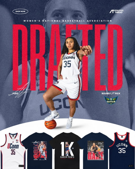 Azzi Fudd is headed to the WNBA. 🔥🏀
From UConn, to the next level with the Dallas Wings.
ㅤ
Celebrate her journey — rep her college legacy. Shop her merch.
ㅤ
15% off everything sitewide until April 21.
ㅤ
🛒  https://athletesthread.com/collections/Azzi-Fudd