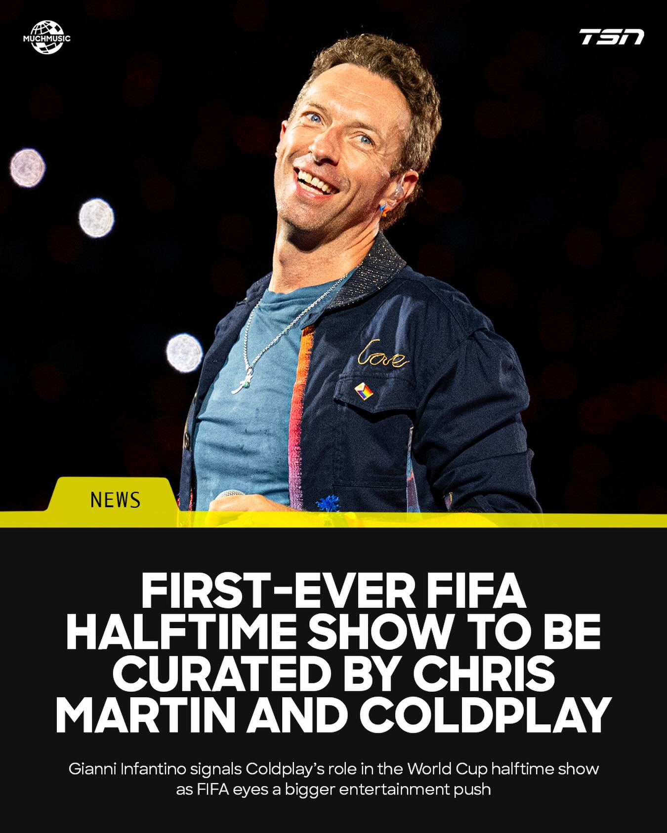 The World Cup is getting its first-ever halftime show and it sounds like Coldplay is involved in a major way. FIFA president Gianni Infantino says the goal is to bring major entertainment into the tournament in a whole new way. [via @semafor]