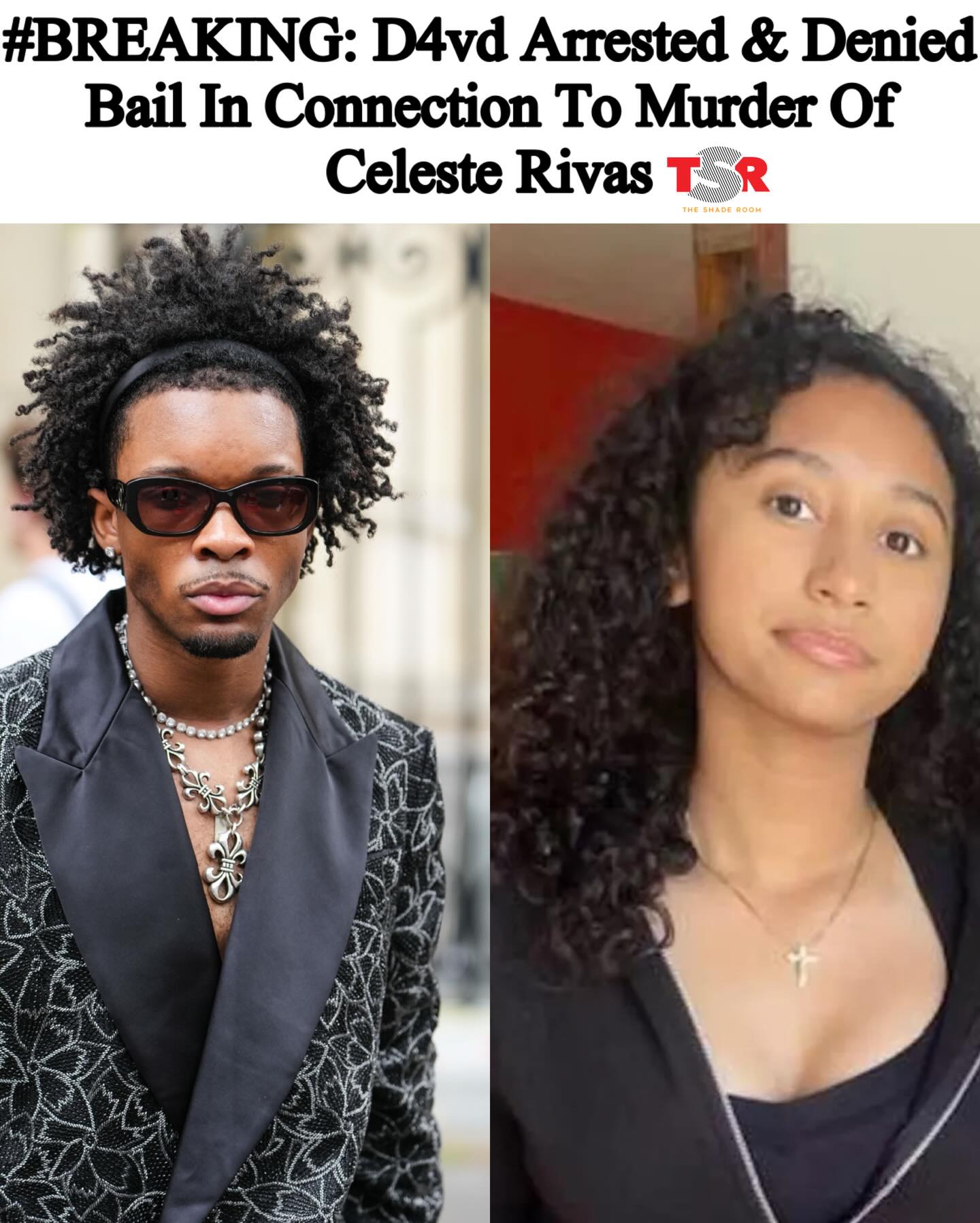 TSR Staff China! @China_lovelace
_________________________ 
Roommates, #D4vd is officially in police custody after being arrested in connection with the murder of 15-year-old #CelesteRivas per @tmz_tv. According to the Los Angeles Police Department, the artist was taken into custody on Tuesday after detectives with the department’s Robbery-Homicide Division made the arrest. Authorities say he is currently being held without bail.
_________________________
The arrest comes more than seven months after Celeste’s body was reportedly discovered decomposing inside D4vd’s Tesla back in September 2025. If you recall, at the time, the singer was in the middle of a tour but abruptly canceled his remaining shows and stepped away from the public eye as the investigation unfolded. _________________________
Law enforcement sources previously said detectives considered him a suspect during the investigation, and a grand jury was convened in November. Celeste was laid to rest on October 6 at Queen of Heaven Cemetery & Mortuary in Rowland Heights, California. SWIPE ✍🏾#TSRStaffAS 📷:(@gettyimages )