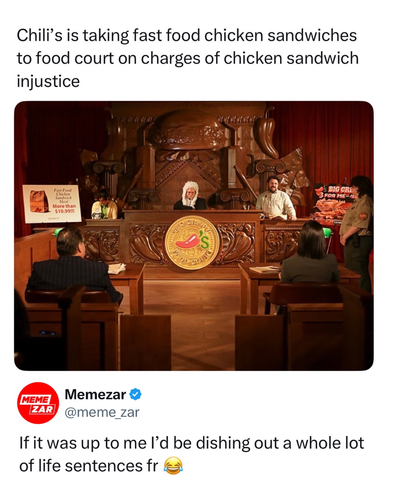GUILTY verdict before the trial even starts 😭

Chili’s is going head-to-head with value injustice by putting fast food on trial — in “food court.”

Chili’s Big Crispy Food Court is an immersive pop-up experience in New York City on April 16 at 37 Union Square West New York, NY 10003 from 11 a.m. to 5 p.m. EST, inviting fans to serve as the jury in the case of Chili’s vs. Fast Food.

During the experience, guests will hear (and taste) the evidence for why Chili’s continues to offer arguably the best value in the industry with the new Big Crispy 3 for Me meal.

Attendees will leave with a Big Crispy 3 For Me and the opportunity to share their verdict with Court TV. While supplies last.

#ChilisPartner #Pubity #Viral #Food