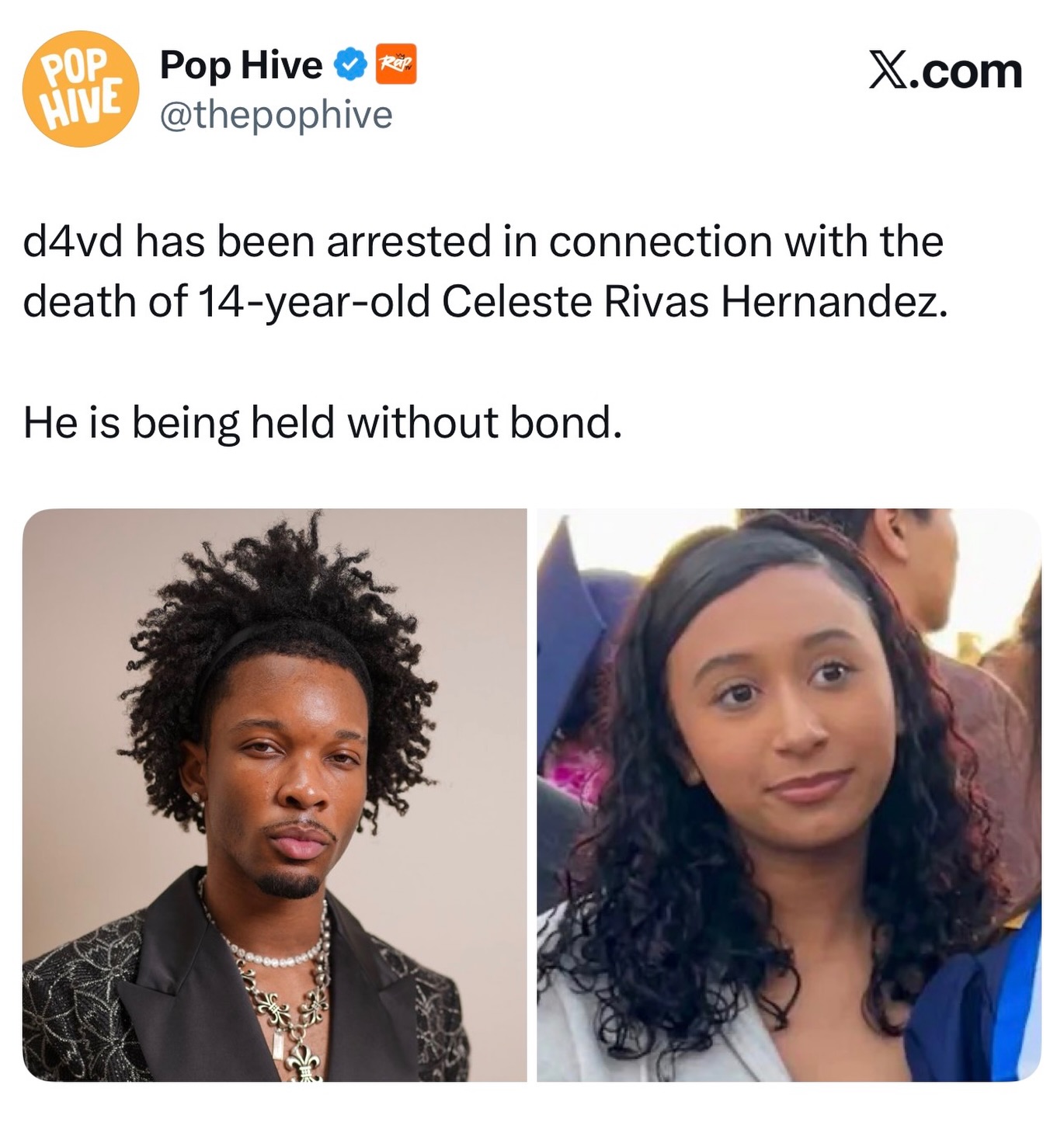 Singer d4vd (David Anthony Burke) was arrested on April 16, 2026, in connection with the death of 14-year-old Celeste Rivas Hernandez. Her remains were discovered in the trunk of the artist’s impounded Tesla on September 8, 2025, after the vehicle had been reported abandoned in the Hollywood Hills for several weeks.

Burke is currently being held without bail as prosecutors review the case to determine formal charges. While his attorneys maintain his innocence and claim he was not the cause of the girl’s death, police sources allege he has been uncooperative with the ongoing investigation.
