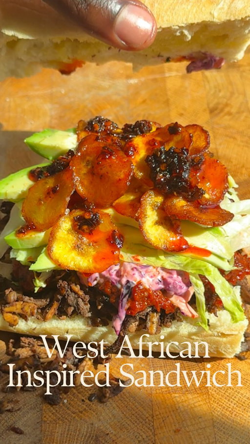 West African inspired sandwich @davidolu_

Ciabatta 

Oyster mushrooms 150g 
200g firm tofu 
@amas.sauces jerk marinade 

1 avocado

1 plantain 
Oil for shallow frying 

1 bell pepper 
2 red pointed peppers 
1 red onion 
3 cloves garlic 
Olive oil 
1 tbsp curry powder 
1 tsp smoked paprika 
Splash of soy sauce 
1 tsp chicken seasoning 

Red cabbage 
Carrot 
Vegan mayo 
Lettuce 

Enjoy 🌱