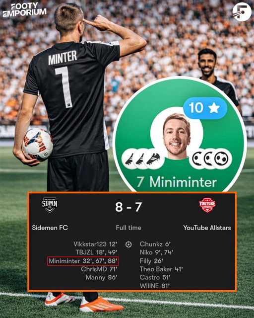 Only SIX players have ever hit a perfect 10 on FotMob… and yes, one of them is Simon “Miniminter” in a Sidemen Charity Match 🤯🤣

1️⃣ Miniminter vs YouTube All Stars (Sept 2022)
2️⃣ Meunier vs Gibraltar (Aug 2017)
3️⃣ Neymar vs Toulouse (Aug 2017)
4️⃣ Andresson vs HK Kopavogs (Oct 2024)
5️⃣ Haaland vs Moldova (Sept 25)
6️⃣ Faraj vs Halmstads (March 25)

Another hat trick incoming this weekend? 🐐😂