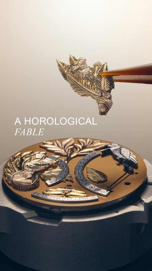 The new automaton wristwatch with hours and minutes on demand Ref. 5249 in rose gold is a horological marvel, powered by the new Caliber 31-260 PS HMD AU. Inspired by Jean de La Fontaine’s 17th-century fable “The Crow and the Fox”, the watch features a movement derived from the ultra-thin 31-260 PS, to which an additional mechanism for indicating the hours and minutes on demand has been added. This required the development of a patented disengaging clutch system to secure the counter-clockwise time-setting mechanism.

The fox’s muzzle and paw stand out from the other decorative elements as they are movable and serve to indicate the hours on demand, a feature that constituted an additional challenge. The paw indicates the hours from zero and 6 o’clock. The muzzle takes over for the hours from 7 o’clock to 11.59. Maintaining the pressure on the push-piece causes the minute hand, with a tip decorated in the shape of a piece of cheese, to drop from the crow’s beak to indicate the minutes on a graduated scale. Once the time has been read off and the push-button released, the retrograde indicators return to their resting position.

The officer’s-style hinged cover reveals a sapphire crystal case-back revealing the caliber’s refined structure including the harmonious arrangement of its bridges, platinum micro-rotor and the remarkable finishes of its 267 components.

#PatekTime #PatekPhilippe