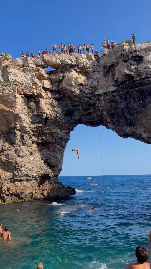 Flying to a NEW island tomorrow 👀 
Here’s the last time I was on an island - when I was the ONLY girl who climbed up the arch with the boys… there’s only one way down 😅🫣 #cliffjumping #eurosummer 

(it’s ok I landed short on purpose, the depth was questionable and I don’t know how to scoop)