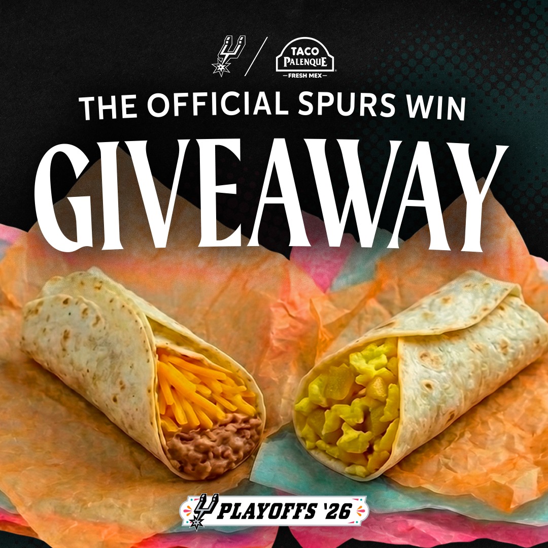 Spurs Playoff Win FREE TACO ALERT 🌮 

After every Spurs playoff win, home or away, get a free breakfast taco (potato & egg or bean & cheese) from 6–9 AM at @taco.palenque locations in San Antonio, Austin, Laredo, El Paso, Eagle Pass, Corpus Christi & RGV. 

👉 Use code SPURSWIN in the Taco Palenque app or in-store. Limit 1 per guest, per day. No purchase or game ticket needed.