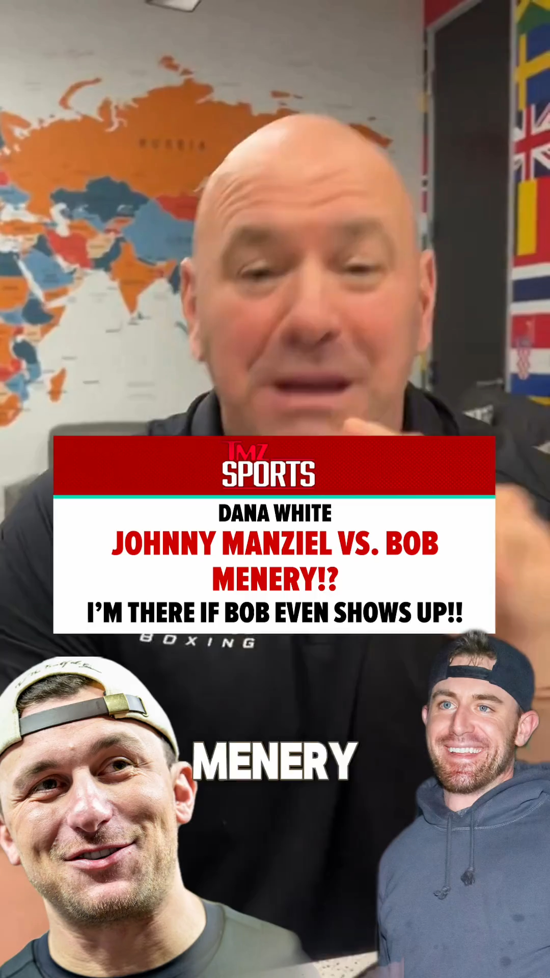 Johnny Manziel vs. Bob Menery?! Sign me up for that!

Well… that is, if it even happens, because Dana White is convinced it won’t, saying Bob won’t show up… and he’s putting his money where his mouth is. 🤑🥊